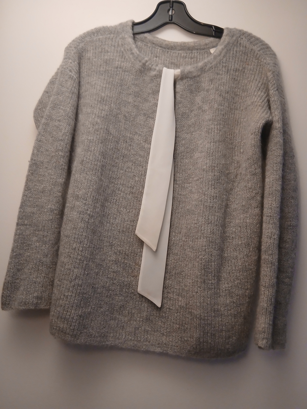 Sezane Gray Knit Crewneck Sweater with White Front Tie